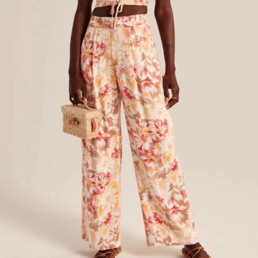 Abercrombie & Fitch High Rise Wide Leg Pleated Linen Floral Pants Orange Pink XS - Picture 1 of 14